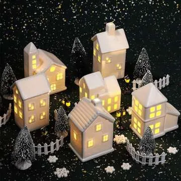 Fovths 39 Pieces LED Lighted Ceramic Winter Village Building Figurines and Accessories Desktop Ornament Set for Holiday Party Decor
