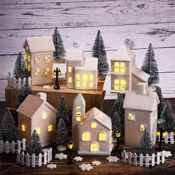 Fovths 39 Pieces LED Lighted Ceramic Winter Village Building Figurines and Accessories Desktop Ornament Set for Holiday Party Decor