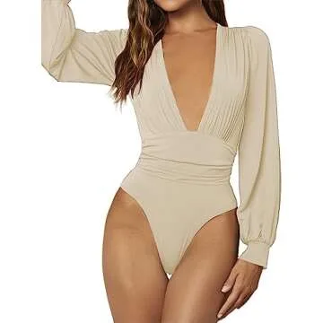 Hilinker Women's Sexy Ruched Bodysuit in Khaki