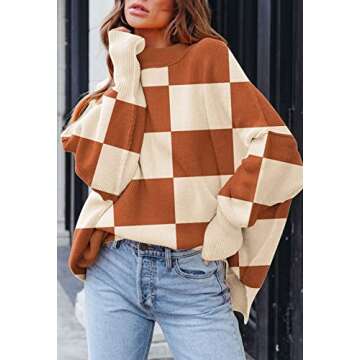 Women's 2023 Fall Casual Checked Sweater Long Sleeve Crew Neck Side Slit Oversized Ribbed Knit Pullover Tops Caramel S