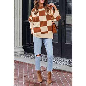 Women's 2023 Fall Casual Checked Sweater Long Sleeve Crew Neck Side Slit Oversized Ribbed Knit Pullover Tops Caramel S