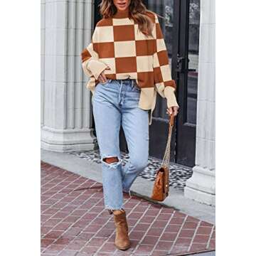 Women's 2023 Fall Casual Checked Sweater Long Sleeve Crew Neck Side Slit Oversized Ribbed Knit Pullover Tops Caramel S