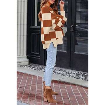 Women's 2023 Fall Casual Checked Sweater Long Sleeve Crew Neck Side Slit Oversized Ribbed Knit Pullover Tops Caramel S