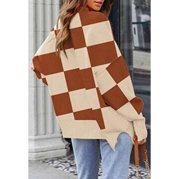 Women's 2023 Fall Casual Checked Sweater Long Sleeve Crew Neck Side Slit Oversized Ribbed Knit Pullover Tops Caramel S