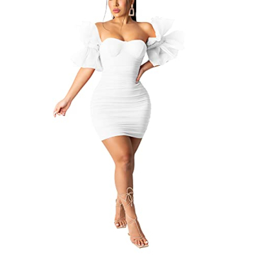 Stunning Puff Sleeve Bodycon Cocktail Dress for Women - White, Perfect for Birthdays and Weddings