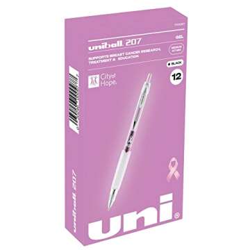 uni-ball 207 Retractable Gel Pens, Medium Point (0.7mm), Black, Pink Ribbon Edition, 12 Count