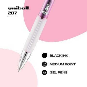uni-ball 207 Retractable Gel Pens, Medium Point (0.7mm), Black, Pink Ribbon Edition, 12 Count