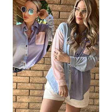 HOTOUCH Women Waffle Button Down Shirt Casual Long Sleeve Loose Fit Button Blouse Shirt with Pocket