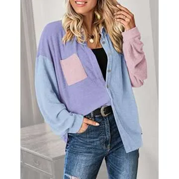 HOTOUCH Women Waffle Button Down Shirt Casual Long Sleeve Loose Fit Button Blouse Shirt with Pocket