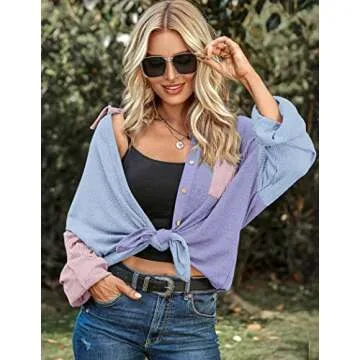 HOTOUCH Women Waffle Button Down Shirt Casual Long Sleeve Loose Fit Button Blouse Shirt with Pocket