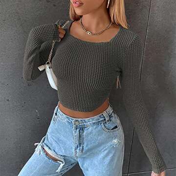 Meladyan Women Long Sleeve Knitted Solid Crop Top Square Neck Fitted Asymmetrical Hem Cropped Tee Shirts Dark Grey