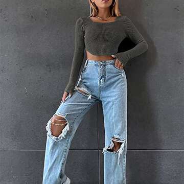 Meladyan Women Long Sleeve Knitted Solid Crop Top Square Neck Fitted Asymmetrical Hem Cropped Tee Shirts Dark Grey