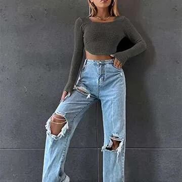 Meladyan Women Long Sleeve Knitted Solid Crop Top Square Neck Fitted Asymmetrical Hem Cropped Tee Shirts Dark Grey