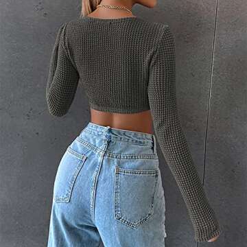 Meladyan Women Long Sleeve Knitted Solid Crop Top Square Neck Fitted Asymmetrical Hem Cropped Tee Shirts Dark Grey