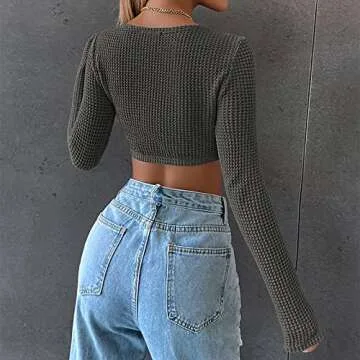 Meladyan Women Long Sleeve Knitted Solid Crop Top Square Neck Fitted Asymmetrical Hem Cropped Tee Shirts Dark Grey