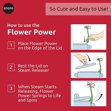 NEW!!! Flower Power Steam Releaser By OTOTO - Fun Kitchen Gadgets - Spinning Flower Lid Holder On Pot & Lid Lifter - Cool Kitchen Gadgets - Cute Gifts for Women, Ototo Kitchen Accessories Gadgets