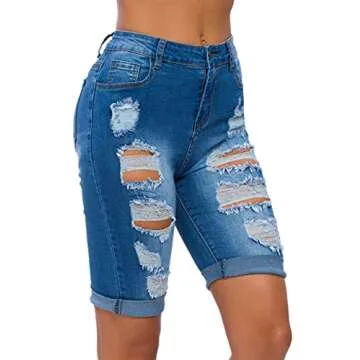 olrain Womens High Waist Ripped Hole Washed Distressed Short Jeans 14 Blue