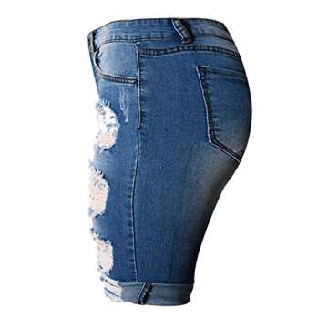 olrain Womens High Waist Ripped Hole Washed Distressed Short Jeans 14 Blue