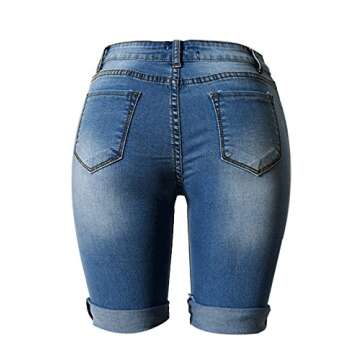 olrain Womens High Waist Ripped Hole Washed Distressed Short Jeans 14 Blue