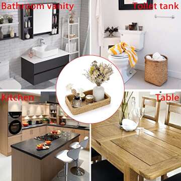 Sumnacon 10 Inch Rattan Bathroom Vanity Tray - Decorative Wicker Toilet Tank Tray for Paper Hand Towel, Vintage Storage Basket Bin for Bathroom Kitchen Toilet Tank Vanity Countertop Table Shelf