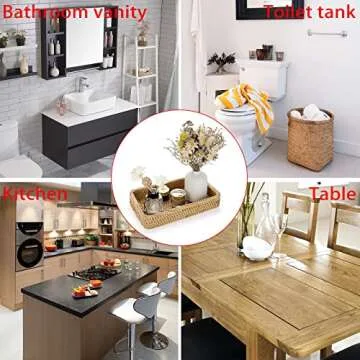 Sumnacon 10 Inch Rattan Bathroom Vanity Tray - Decorative Wicker Toilet Tank Tray for Paper Hand Towel, Vintage Storage Basket Bin for Bathroom Kitchen Toilet Tank Vanity Countertop Table Shelf