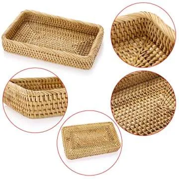 Sumnacon 10 Inch Rattan Bathroom Vanity Tray - Decorative Wicker Toilet Tank Tray for Paper Hand Towel, Vintage Storage Basket Bin for Bathroom Kitchen Toilet Tank Vanity Countertop Table Shelf