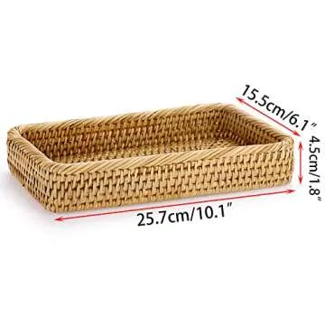 Sumnacon 10 Inch Rattan Bathroom Vanity Tray - Decorative Wicker Toilet Tank Tray for Paper Hand Towel, Vintage Storage Basket Bin for Bathroom Kitchen Toilet Tank Vanity Countertop Table Shelf
