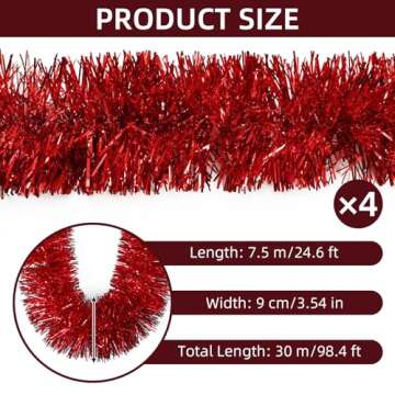 100 Feet Red Tinsel Garland Christmas Foil Tinsel Garland Decoration Metallic Banner Wall Hanging Ti...