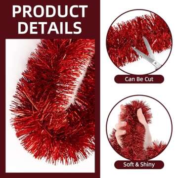 100 Feet Red Tinsel Garland Christmas Foil Tinsel Garland Decoration Metallic Banner Wall Hanging Tinsel Streamers Garland for Christmas Tree Birthday Party Decorations (3.54" x 100', Red)