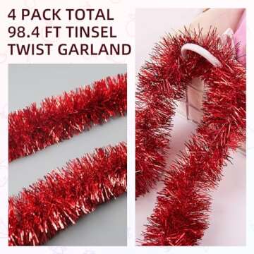 100 Feet Red Tinsel Garland Christmas Foil Tinsel Garland Decoration Metallic Banner Wall Hanging Tinsel Streamers Garland for Christmas Tree Birthday Party Decorations (3.54" x 100', Red)