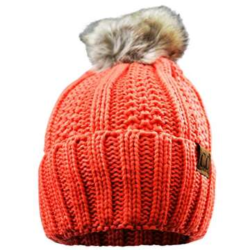 C.C Thick Cable Knit Fleece Lined Pom Beanie in Orange