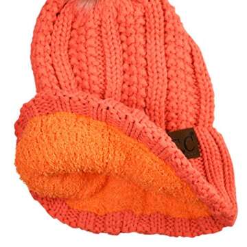 C.C Thick Cable Knit Fleece Lined Pom Beanie in Orange