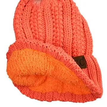 C.C Thick Cable Knit Fleece Lined Pom Beanie in Orange