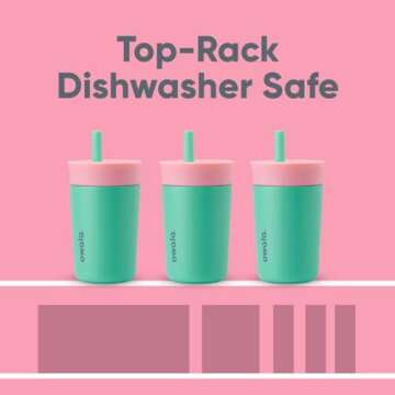 Owala Kids Insulation Stainless Steel Tumbler with Spill Resistant Flexible Straw, Easy to Clean, Kids Water Bottle, Great for Travel, Dishwasher Safe, 12 Oz, Pink and Teal (Real Cool Fish)