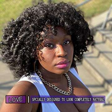 YEAME Curly Wigs for Black Women - Afro Curly Wig with Bangs Natural Black Hair Synthetic Heat Resis...