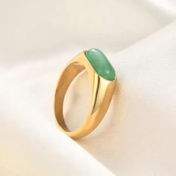 MYNENEY Stainless Steel Gold/Silver Square Shape Signet Mens Pinky Ring Statement Cute wedding Blue/Brown/Green Stone Rings Modern Gift for Women Men (Green stone-Gold, 7)