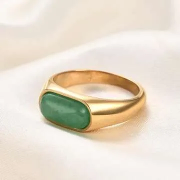 MYNENEY Stainless Steel Gold/Silver Square Shape Signet Mens Pinky Ring Statement Cute wedding Blue/Brown/Green Stone Rings Modern Gift for Women Men (Green stone-Gold, 7)