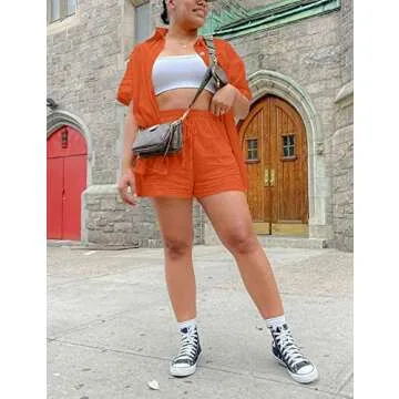 SeekMe Linen Short Sets for Women Short Sleeve Top Shorts 2 Piece Summer Beach Vacation Outfits Lounge Tracksuits(1717-Orange-M-FY)