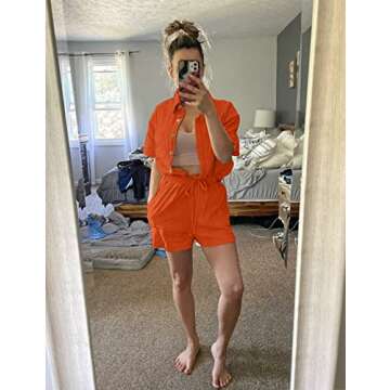 SeekMe Linen Short Sets for Women Short Sleeve Top Shorts 2 Piece Summer Beach Vacation Outfits Lounge Tracksuits(1717-Orange-M-FY)