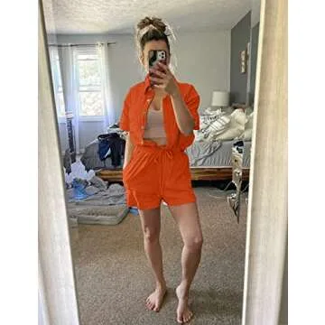 SeekMe Linen Short Sets for Women Short Sleeve Top Shorts 2 Piece Summer Beach Vacation Outfits Lounge Tracksuits(1717-Orange-M-FY)