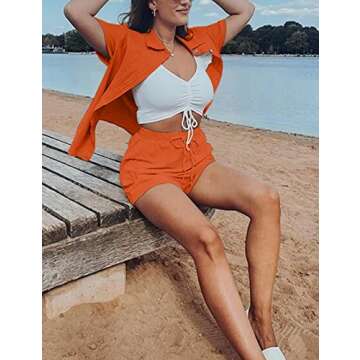 SeekMe Linen Short Sets for Women Short Sleeve Top Shorts 2 Piece Summer Beach Vacation Outfits Lounge Tracksuits(1717-Orange-M-FY)