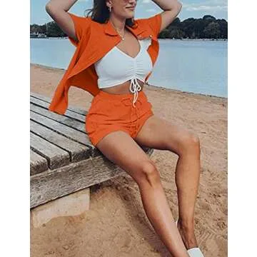 SeekMe Linen Short Sets for Women Short Sleeve Top Shorts 2 Piece Summer Beach Vacation Outfits Lounge Tracksuits(1717-Orange-M-FY)