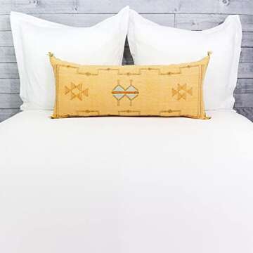 Cactus Silk Cushion, Moroccan Lumbar Pillow, 14x36, Yellow, Bohemian Pillow Cover, Embroidered Decorative Lumbar Pillow. (Yellow - With Insert Filled)