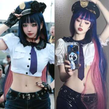 ANOGOL Hair Cap+ Blue Mix Pink Wig 105cm Long Straight Stocking Wig for Girl with Bangs Costume for ...