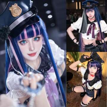 ANOGOL Hair Cap+ Blue Mix Pink Wig 105cm Long Straight Stocking Wig for Girl with Bangs Costume for Women Synthetic Hair Wigs for Stocking Cosplay Halloween Wig Anime Party