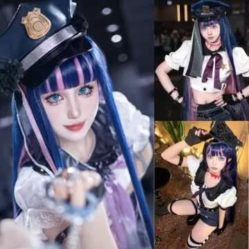 ANOGOL Hair Cap+ Blue Mix Pink Wig 105cm Long Straight Stocking Wig for Girl with Bangs Costume for Women Synthetic Hair Wigs for Stocking Cosplay Halloween Wig Anime Party