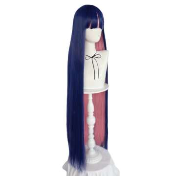 ANOGOL Hair Cap+ Blue Mix Pink Wig 105cm Long Straight Stocking Wig for Girl with Bangs Costume for Women Synthetic Hair Wigs for Stocking Cosplay Halloween Wig Anime Party