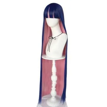 ANOGOL Hair Cap+ Blue Mix Pink Wig 105cm Long Straight Stocking Wig for Girl with Bangs Costume for Women Synthetic Hair Wigs for Stocking Cosplay Halloween Wig Anime Party