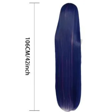 ANOGOL Hair Cap+ Blue Mix Pink Wig 105cm Long Straight Stocking Wig for Girl with Bangs Costume for Women Synthetic Hair Wigs for Stocking Cosplay Halloween Wig Anime Party