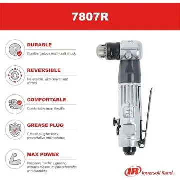 Ingersoll Rand 7807R 3/8” Reversible Air Angle Drill, Standard Duty, 1800 RPM, Quiet, Durable Jacobs Multi-Craft Chuck, Grease Plug